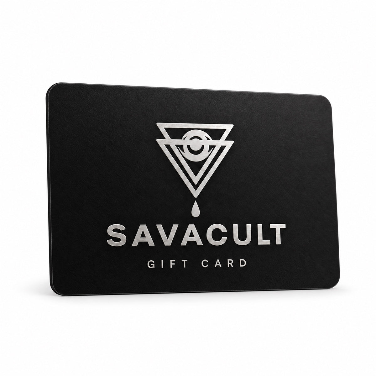 Black SAVACULT gift card on a white background