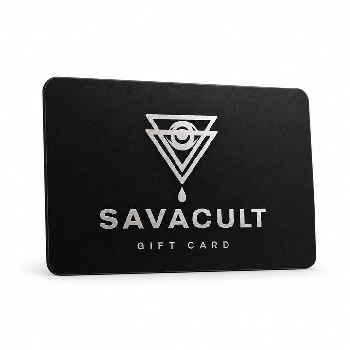 Black SAVACULT gift card on a white background