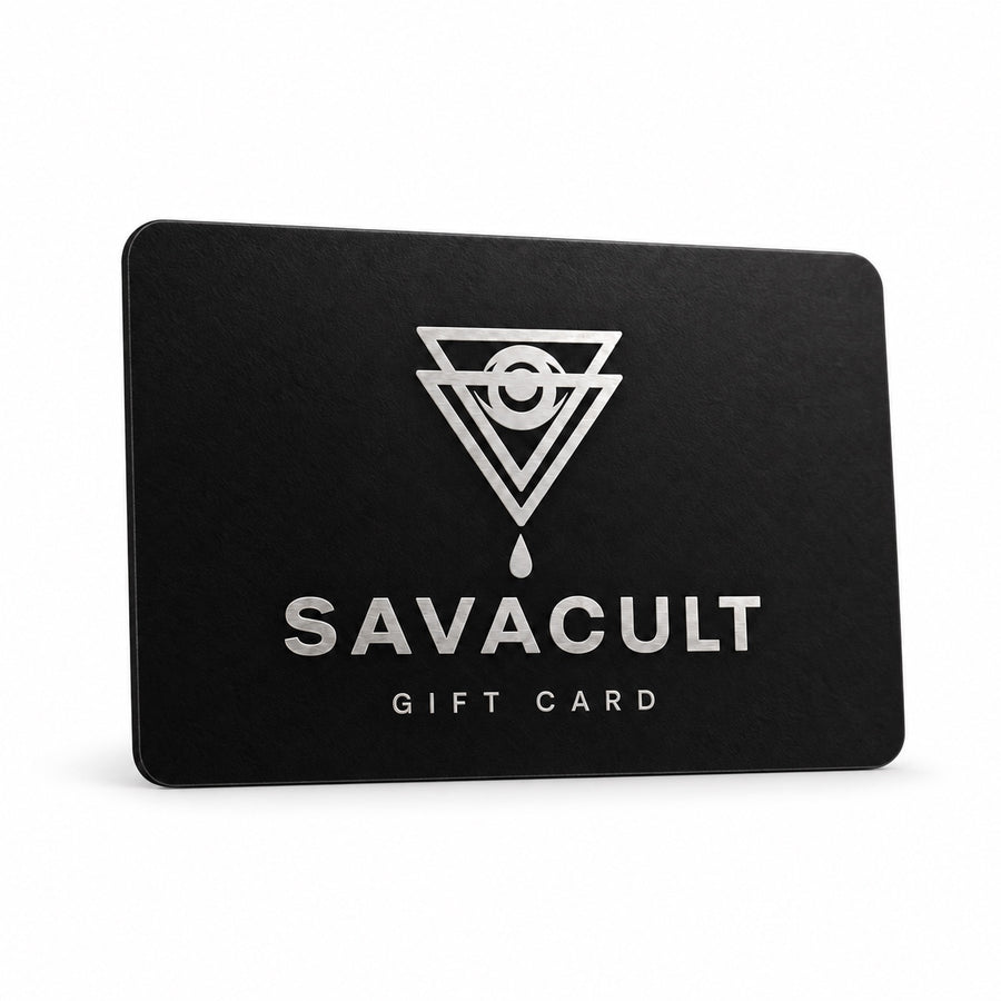 Black SAVACULT gift card on a white background