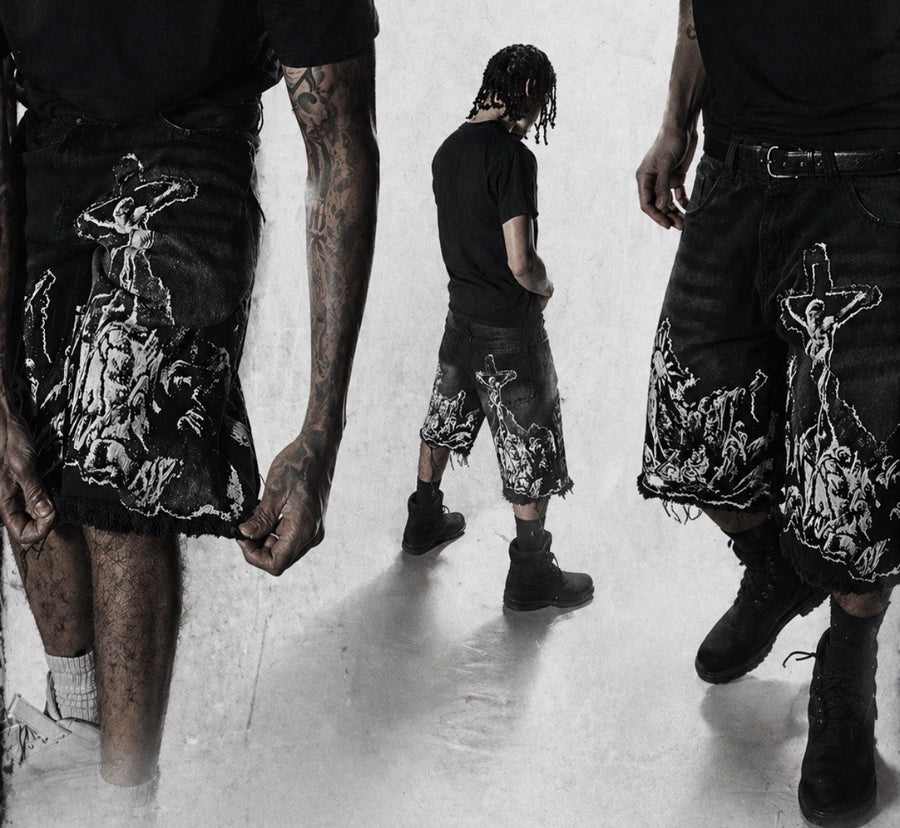 WAR JORTS - MIDNIGHT EDITION white studio collage lifestyle photo